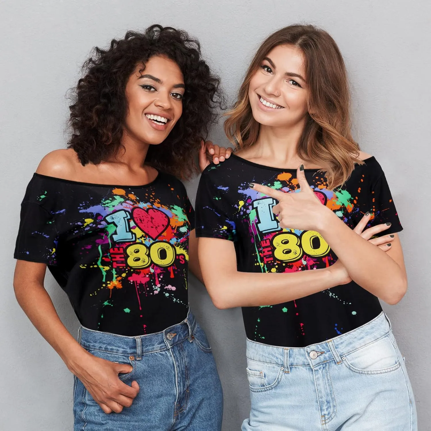 80s Outfit for Women Plus Size I Love The 80's Costumes 80s Off Shoulder T-Shirt Tops Neon Clothes Oversized