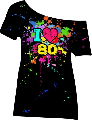 80s Outfit for Women Plus Size I Love The 80's Costumes 80s Off Shoulder T-Shirt Tops Neon Clothes Oversized