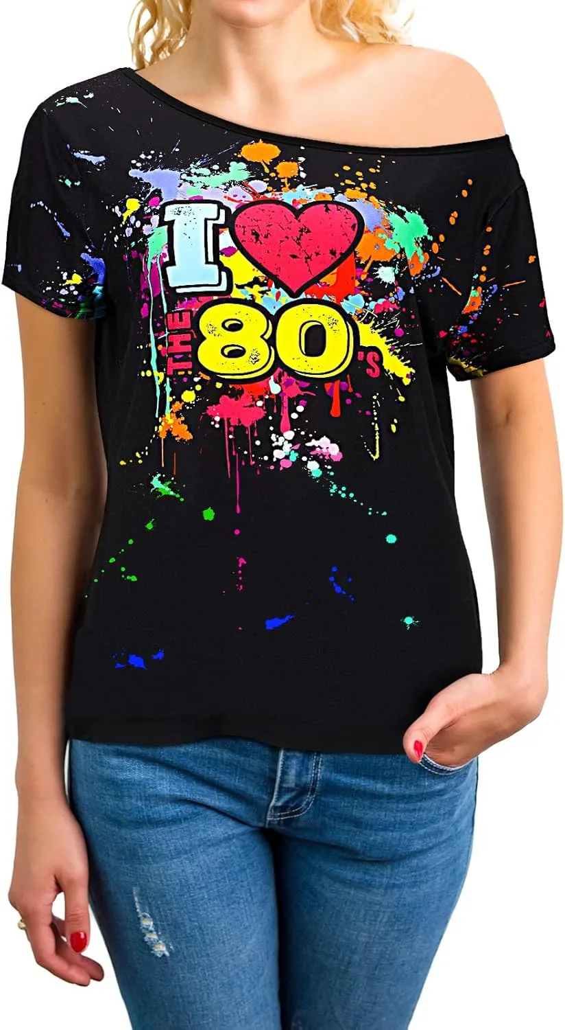 80s Outfit for Women Plus Size I Love The 80's Costumes 80s Off Shoulder T-Shirt Tops Neon Clothes Oversized