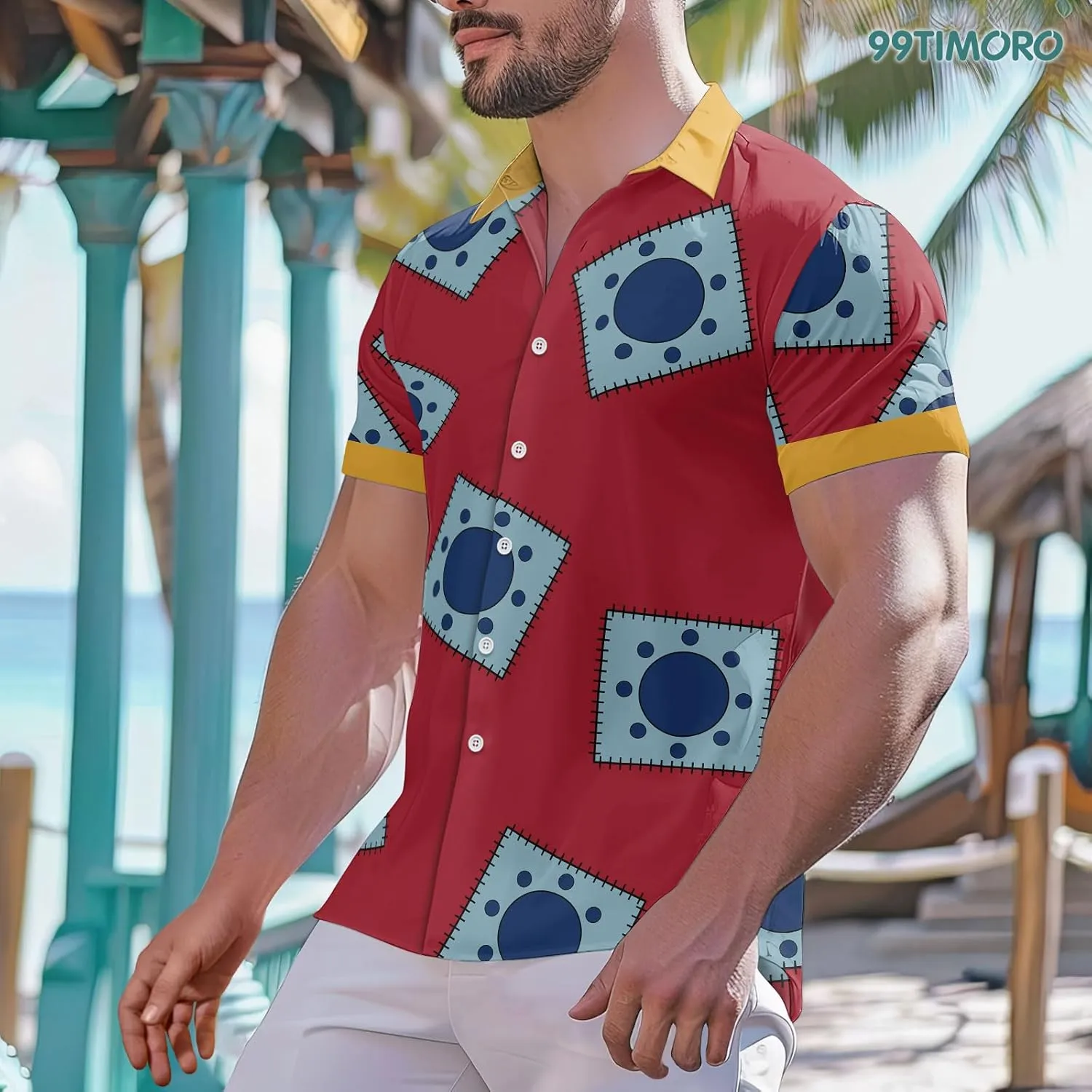 99TIMORO Game Character Hawaiian Shirt, Anime Movie Short Sleeve, Funny Print Button Down Top