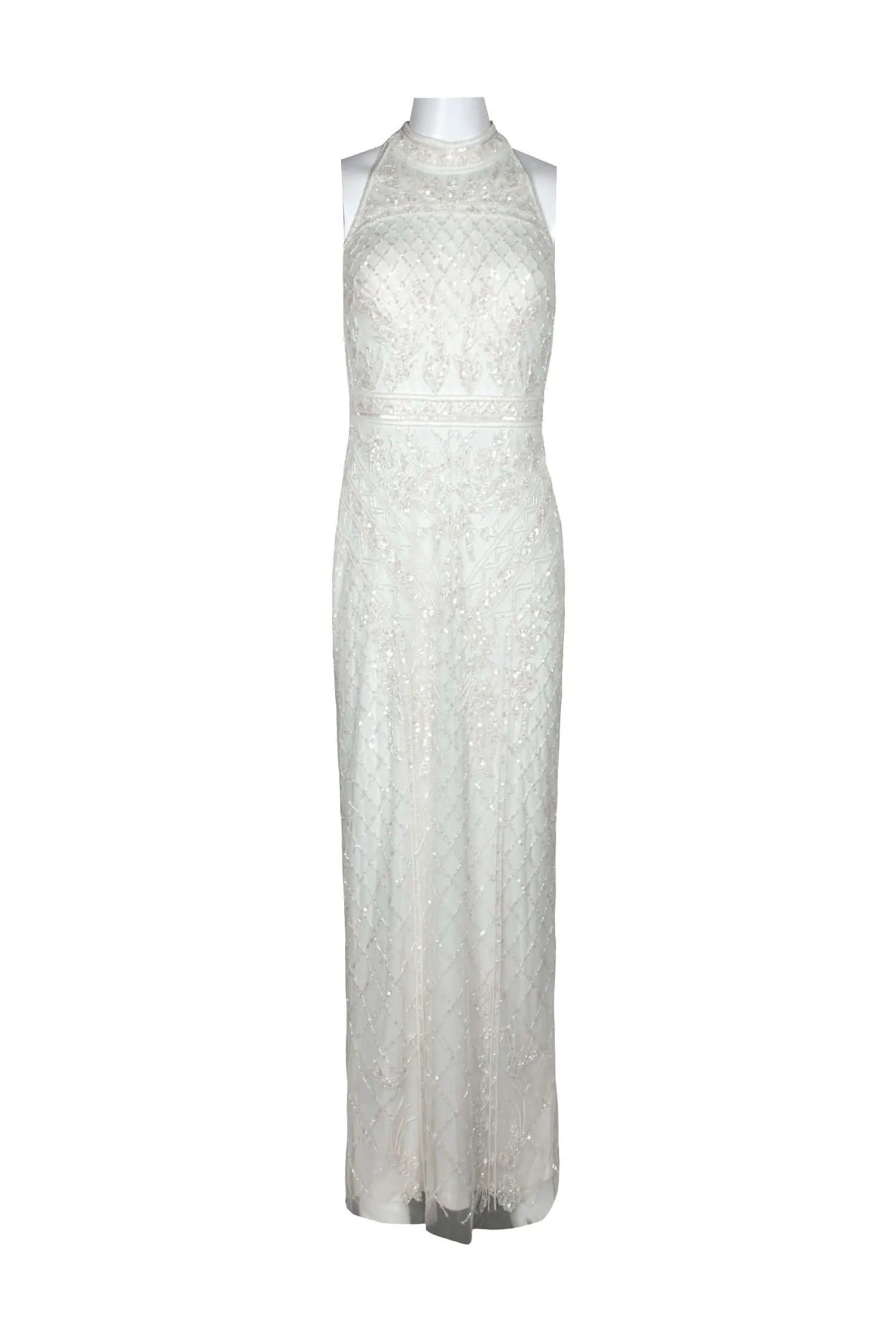 Adrianna Papell Halter Neck Racer Back Slit Back Embellished Mesh Gown