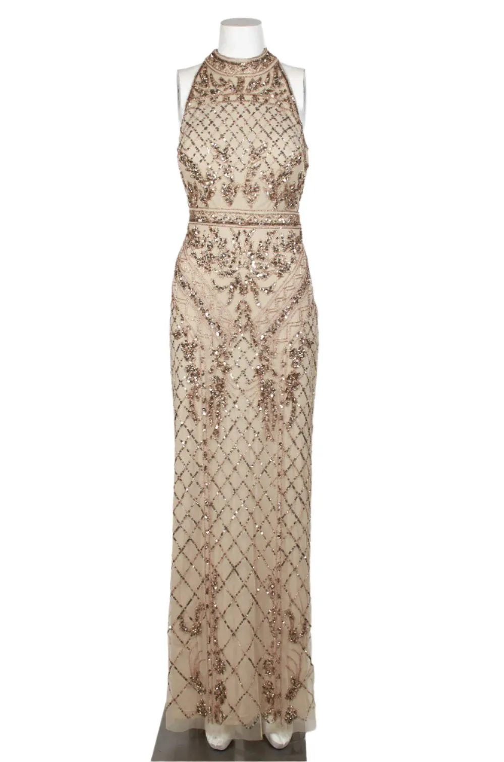 Adrianna Papell Halter Neck Racer Back Slit Back Embellished Mesh Gown
