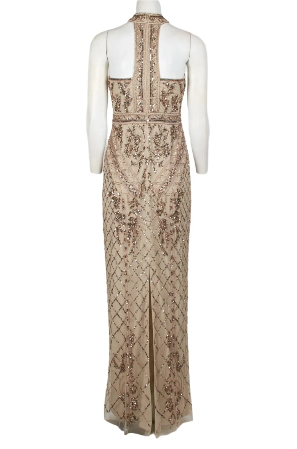Adrianna Papell Halter Neck Racer Back Slit Back Embellished Mesh Gown
