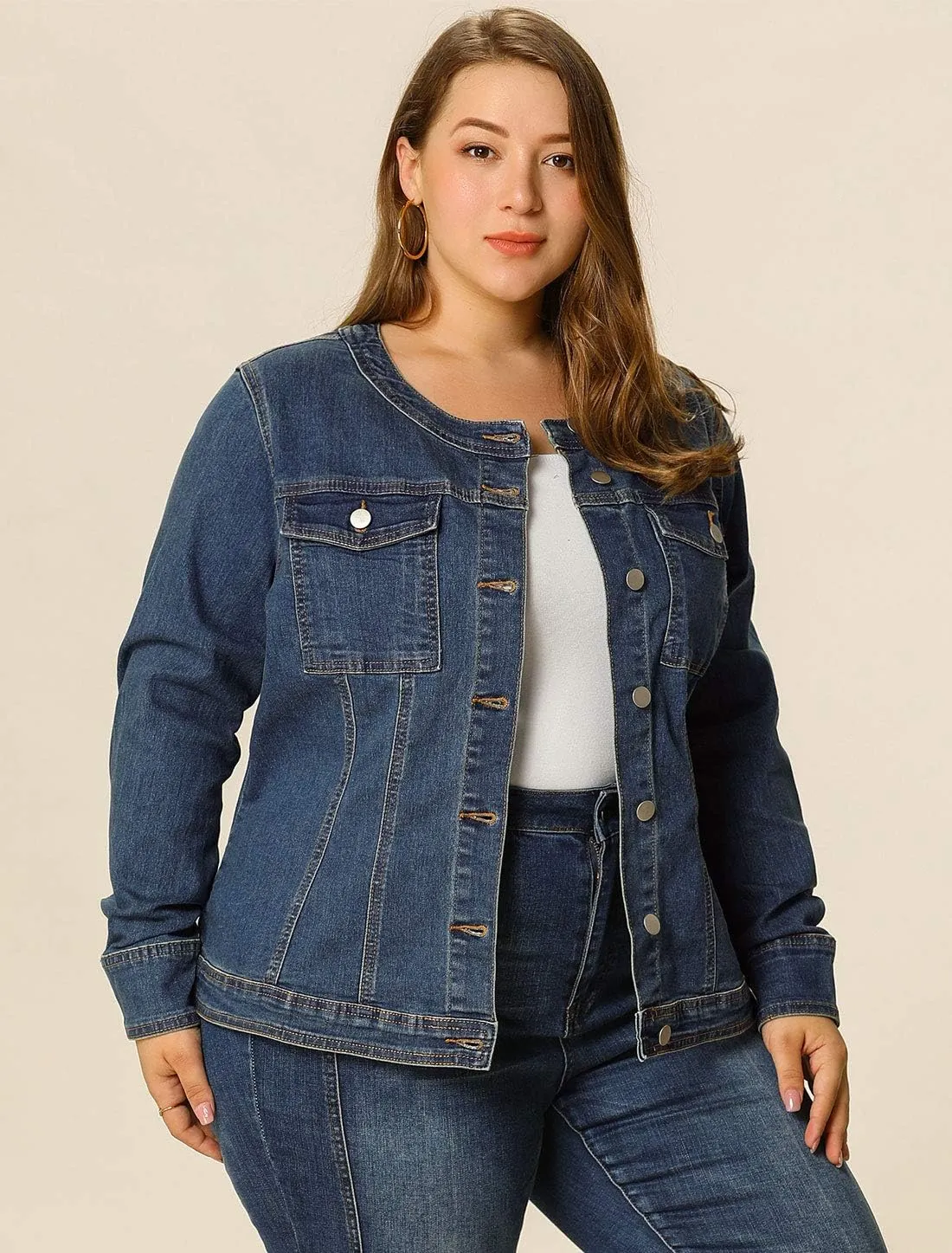 Agnes Orinda Denim Jacket for Women Plus Size Collarless Long Sleeve Button Down Jean Jacket 2025 Western Outfit