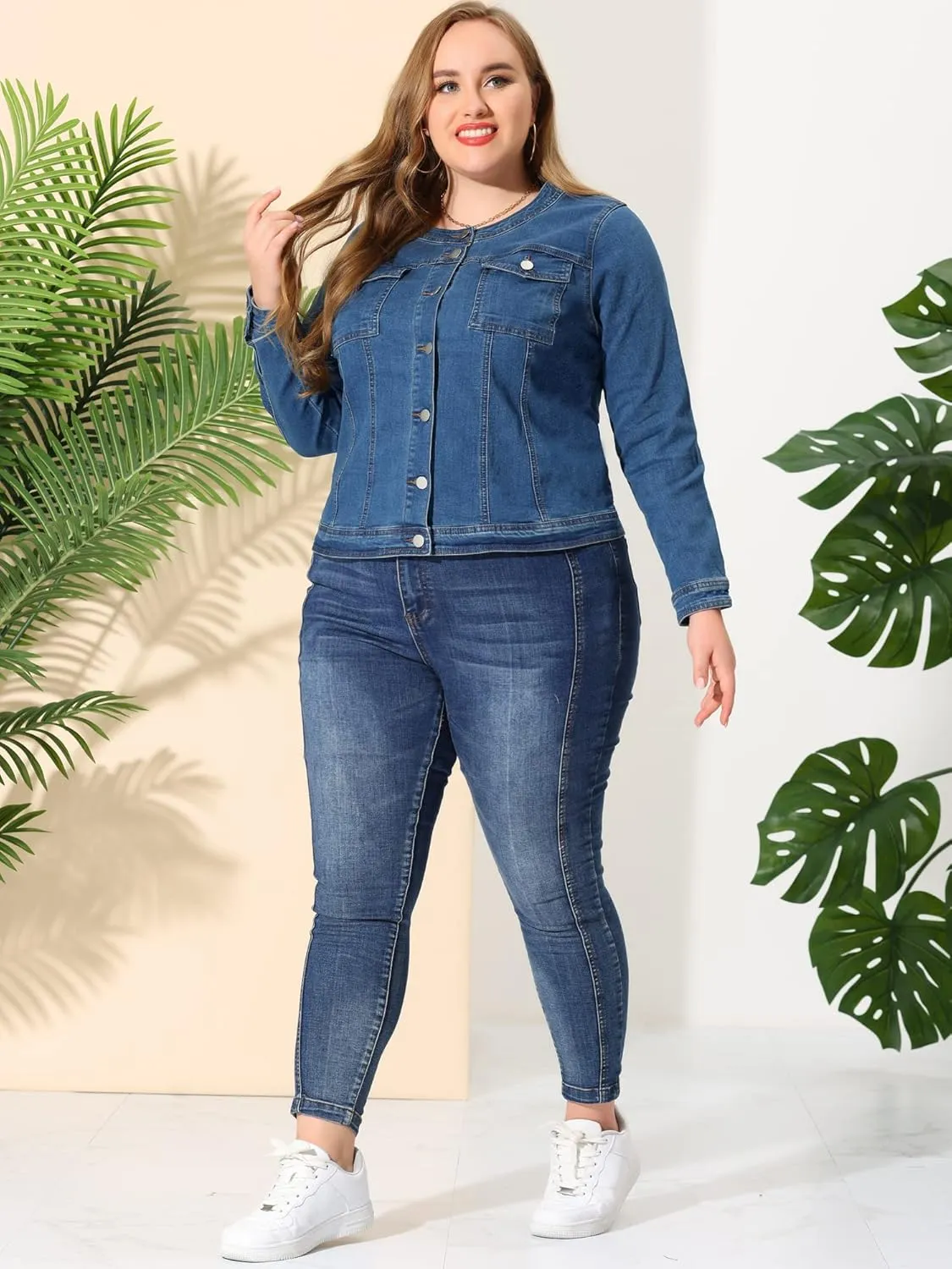 Agnes Orinda Denim Jacket for Women Plus Size Collarless Long Sleeve Button Down Jean Jacket 2025 Western Outfit