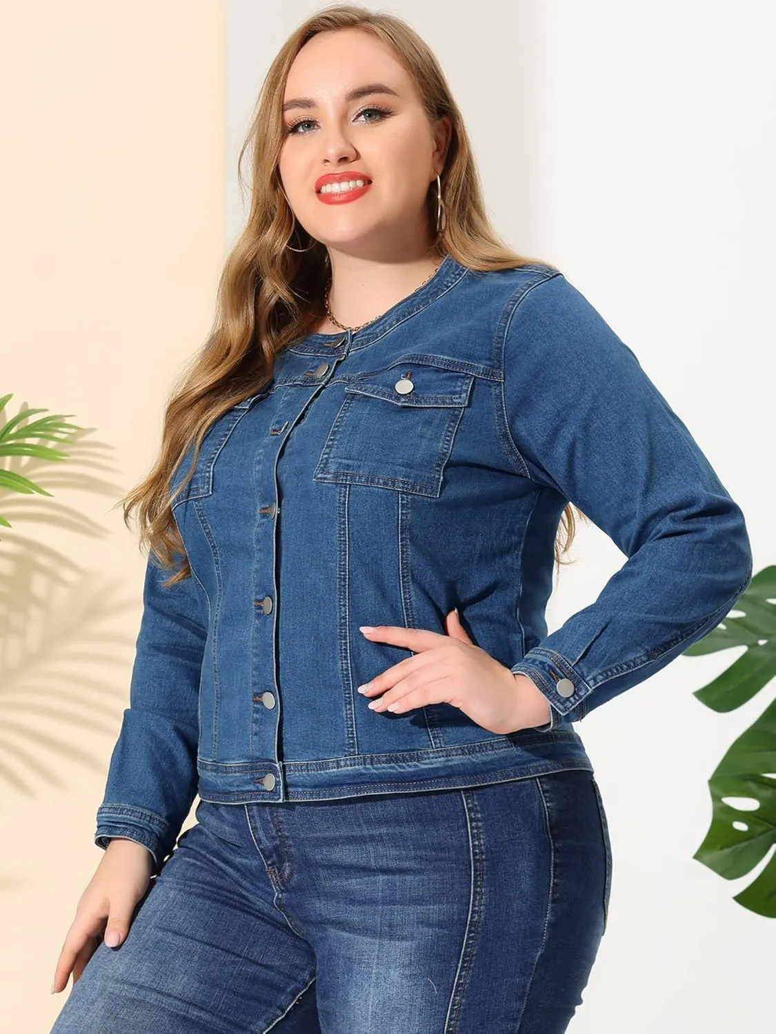 Agnes Orinda Denim Jacket for Women Plus Size Collarless Long Sleeve Button Down Jean Jacket 2025 Western Outfit