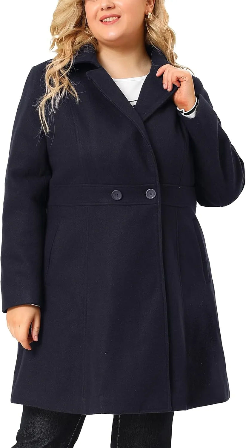 Agnes Orinda Plus Size Peacoat for Women Winter Notched Lapel Single Breasted Elegant Long Trench Coats Jacket
