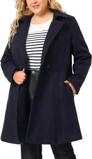 Agnes Orinda Plus Size Peacoat for Women Winter Notched Lapel Single Breasted Elegant Long Trench Coats Jacket