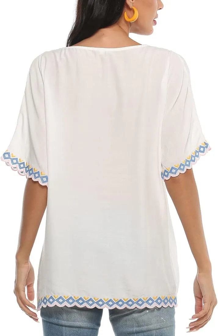 AK Women's Summer Casual Tops Boho Embroidery Mexican Bohemian Tops Shirt Tunic Blouses