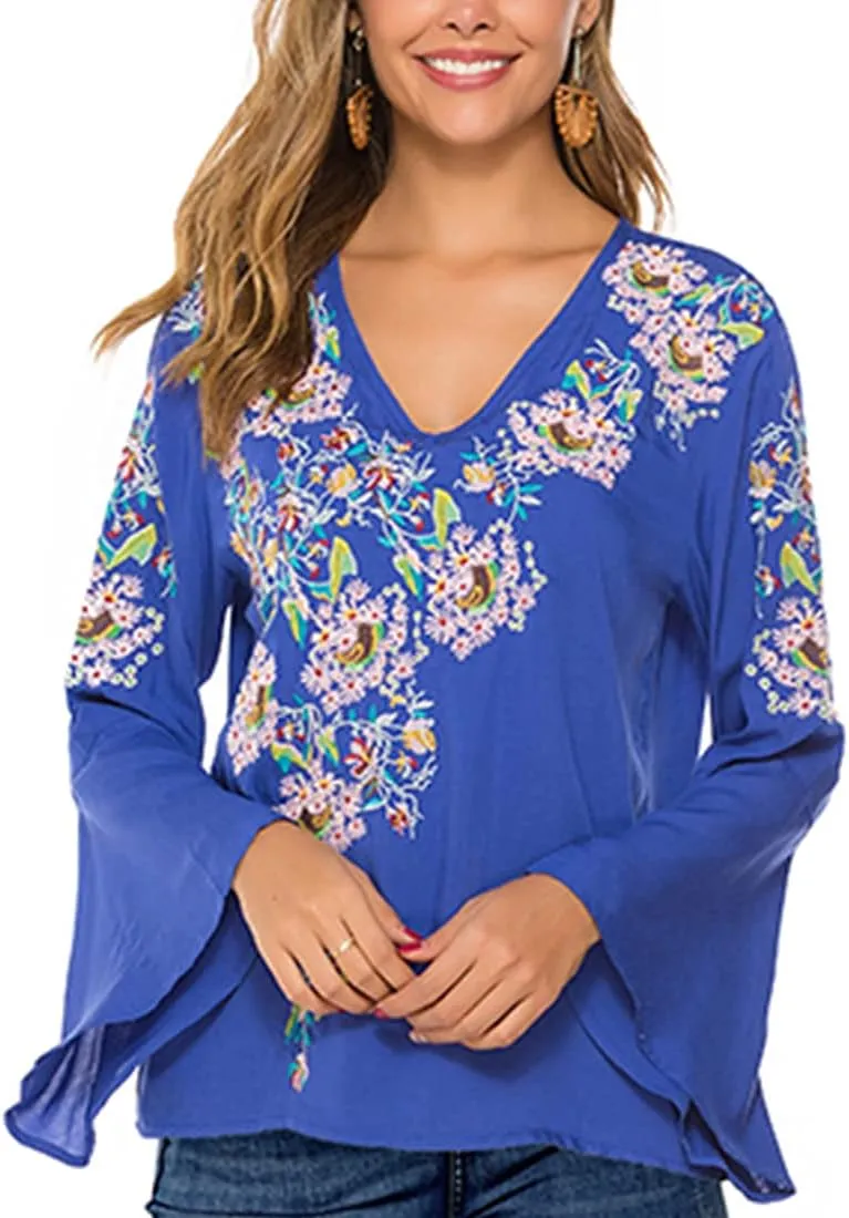 AK Women's Summer Casual Tops Boho Embroidery Mexican Bohemian Tops Shirt Tunic Blouses