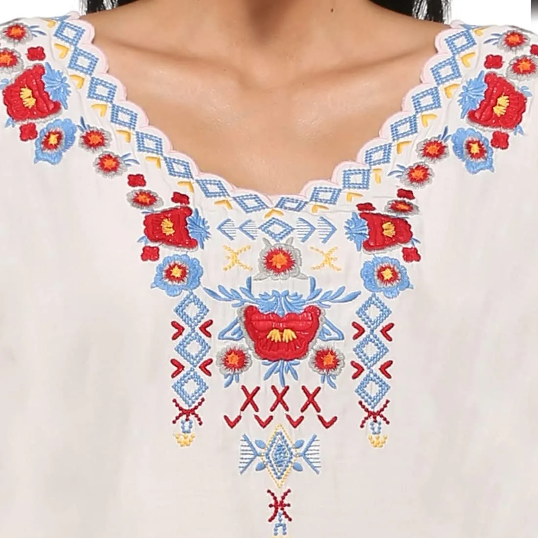 AK Women's Summer Casual Tops Boho Embroidery Mexican Bohemian Tops Shirt Tunic Blouses