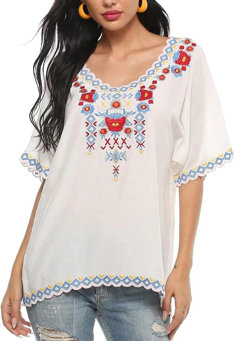 AK Women's Summer Casual Tops Boho Embroidery Mexican Bohemian Tops Shirt Tunic Blouses