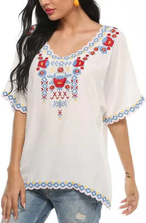 AK Women's Summer Casual Tops Boho Embroidery Mexican Bohemian Tops Shirt Tunic Blouses