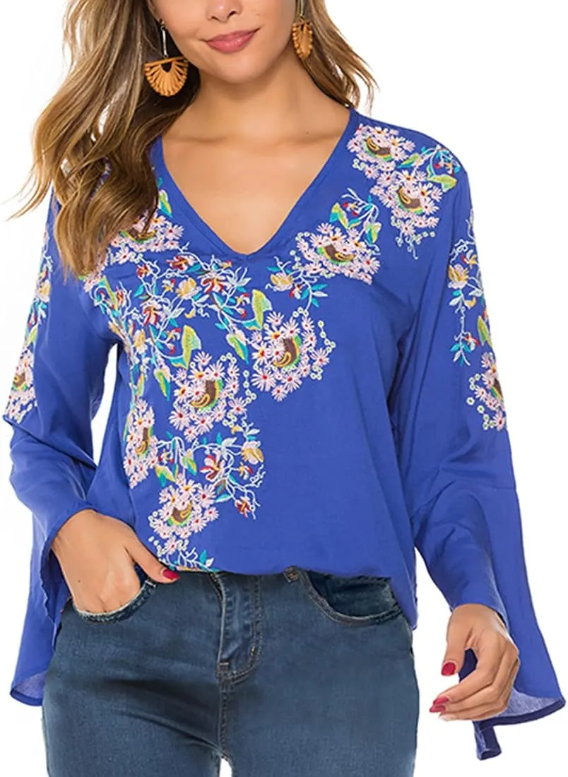 AK Women's Summer Casual Tops Boho Embroidery Mexican Bohemian Tops Shirt Tunic Blouses