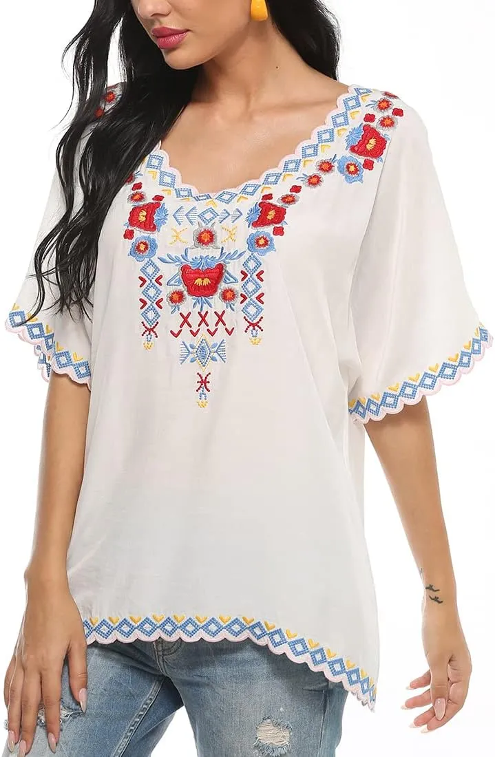 AK Women's Summer Casual Tops Boho Embroidery Mexican Bohemian Tops Shirt Tunic Blouses
