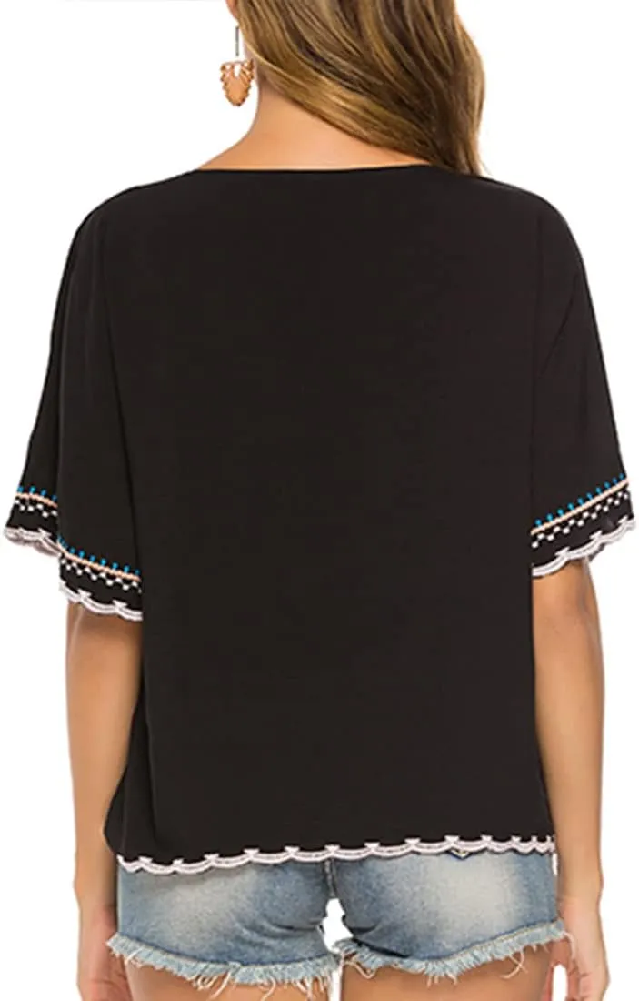 AK Women's Summer Casual Tops Boho Embroidery Mexican Bohemian Tops Shirt Tunic Blouses