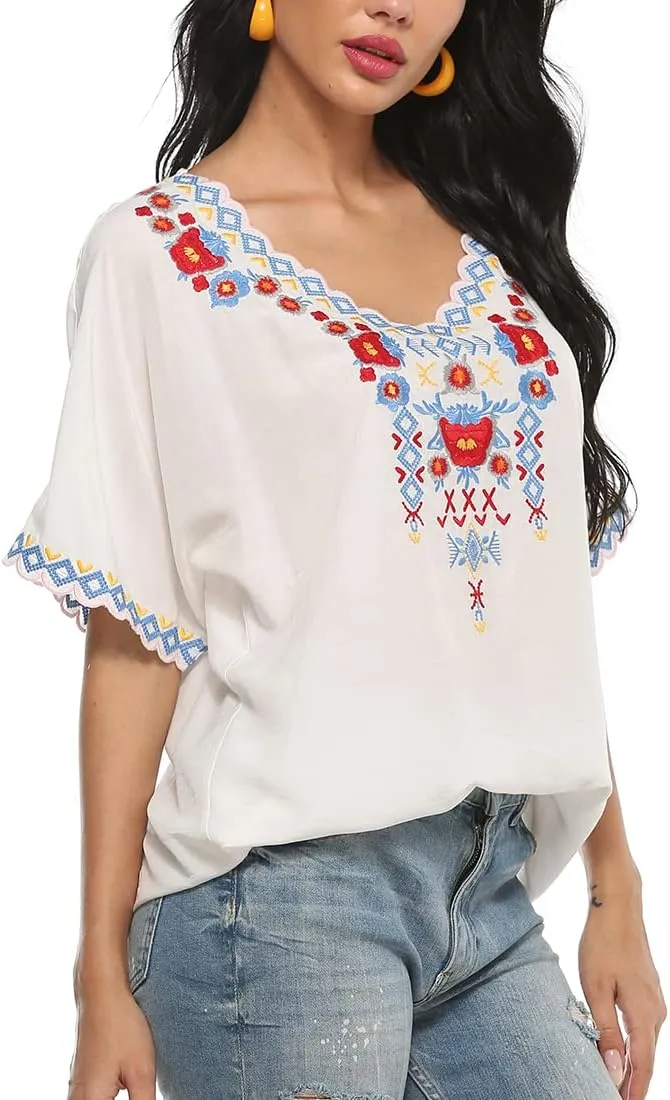 AK Women's Summer Casual Tops Boho Embroidery Mexican Bohemian Tops Shirt Tunic Blouses