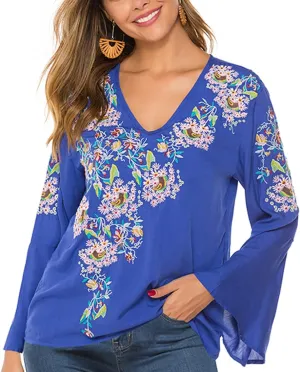 AK Women's Summer Casual Tops Boho Embroidery Mexican Bohemian Tops Shirt Tunic Blouses