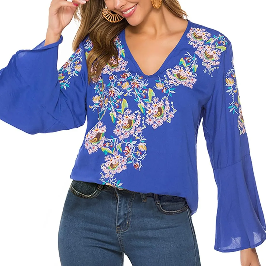 AK Women's Summer Casual Tops Boho Embroidery Mexican Bohemian Tops Shirt Tunic Blouses