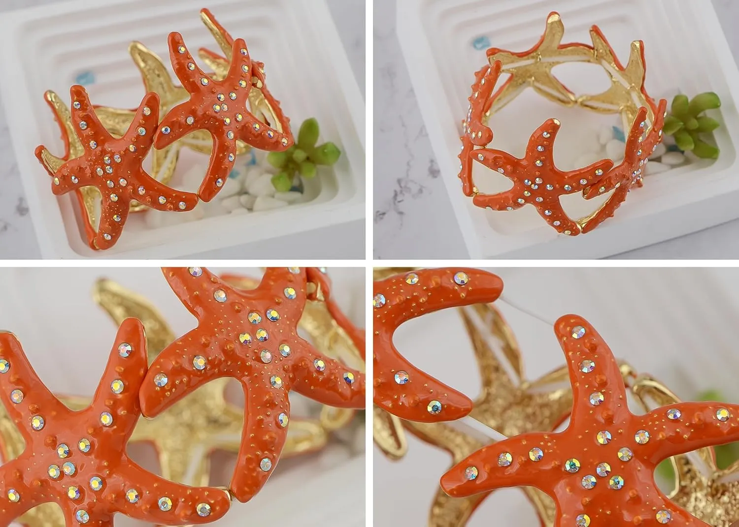 Alilang Sealife Gold Tone Aurora Borealis Ocean Boho Elastic Expandable Starfish Bracelet with Crystals