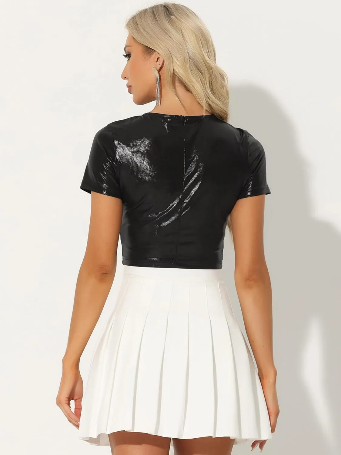 Allegra K Metallic Crop Tops for Women's Keyhole Short Sleeve Halloween Party Shiny Holographic Top