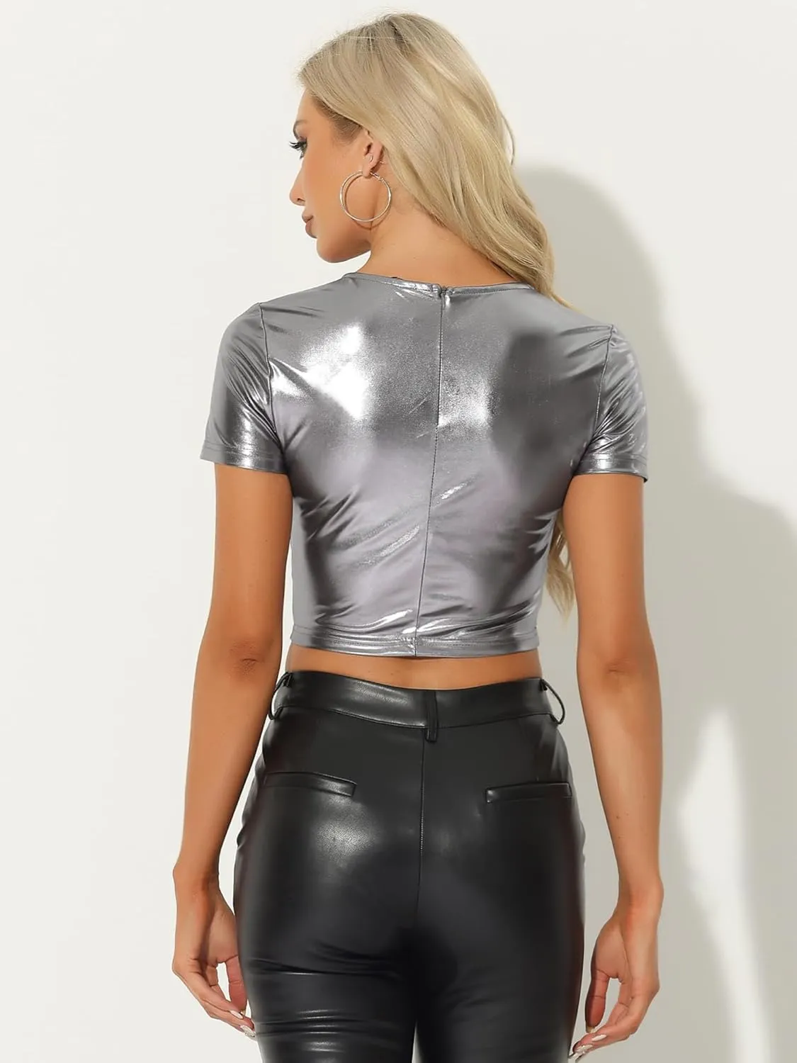 Allegra K Metallic Crop Tops for Women's Keyhole Short Sleeve Halloween Party Shiny Holographic Top