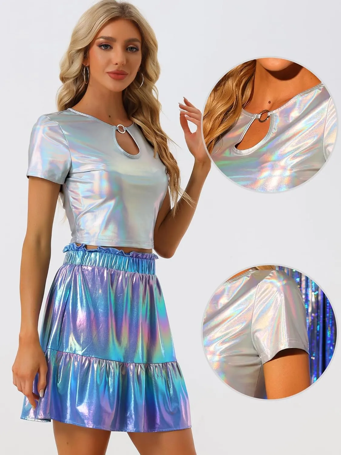 Allegra K Metallic Crop Tops for Women's Keyhole Short Sleeve Halloween Party Shiny Holographic Top