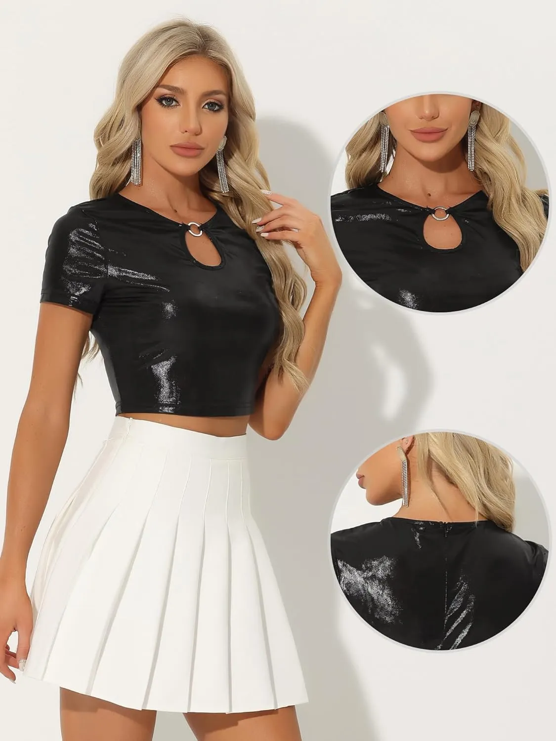 Allegra K Metallic Crop Tops for Women's Keyhole Short Sleeve Halloween Party Shiny Holographic Top