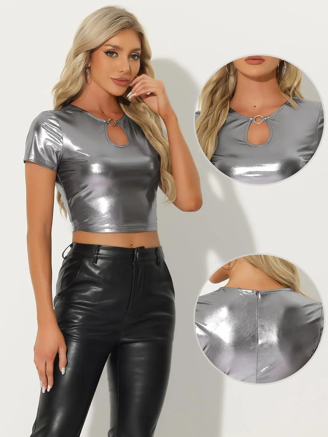 Allegra K Metallic Crop Tops for Women's Keyhole Short Sleeve Halloween Party Shiny Holographic Top