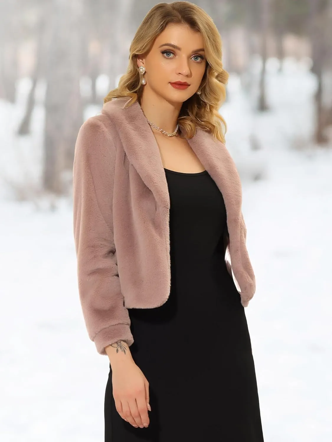 Allegra K Women's 2025 Fasion Winter Cropped Jacket Lapel Long Sleeve Faux Fur Fluffy Coat