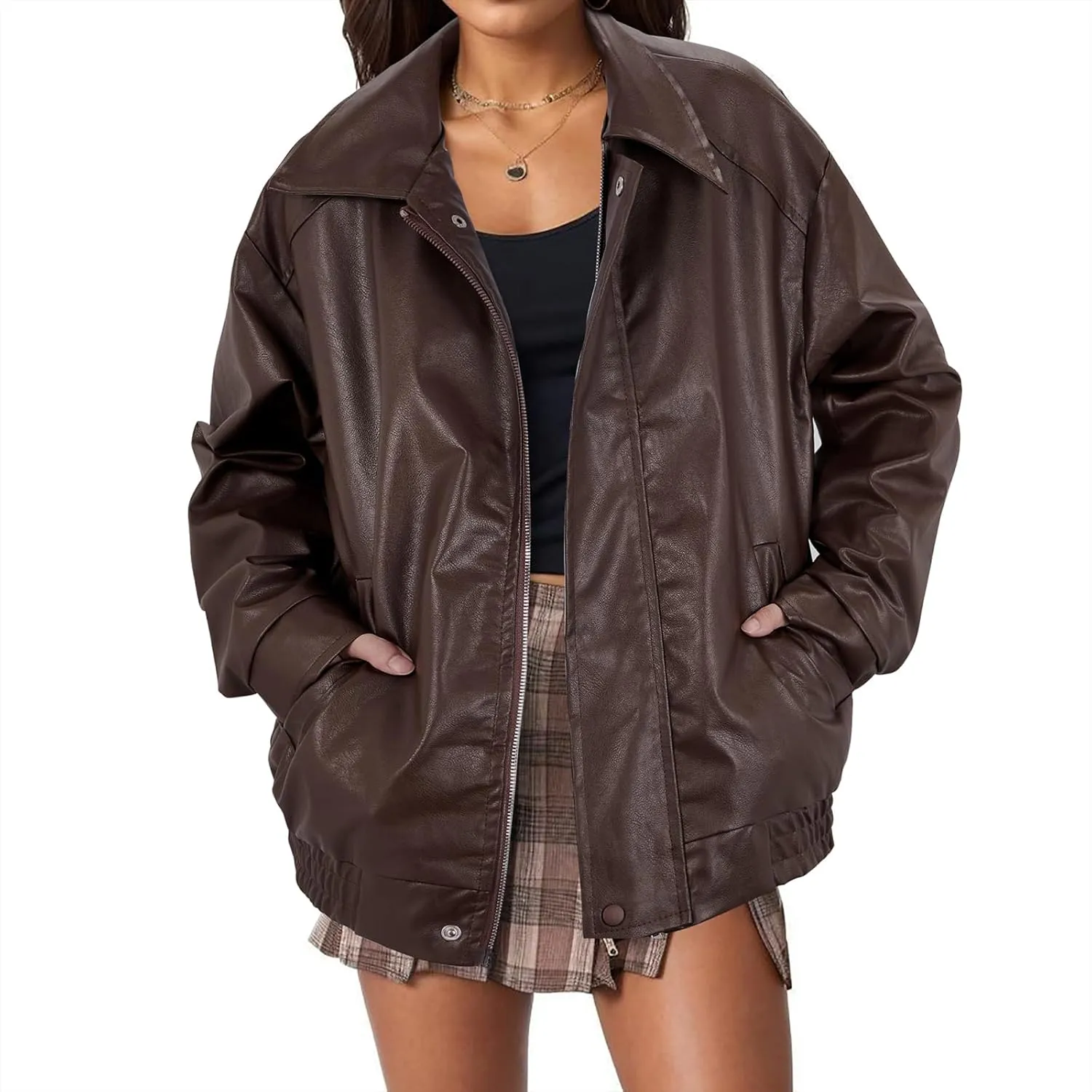 American Trends Leather Jacket Women Bomber Pleather Jacket Oversized Leather Blazer Biker Motorcycle Jacket