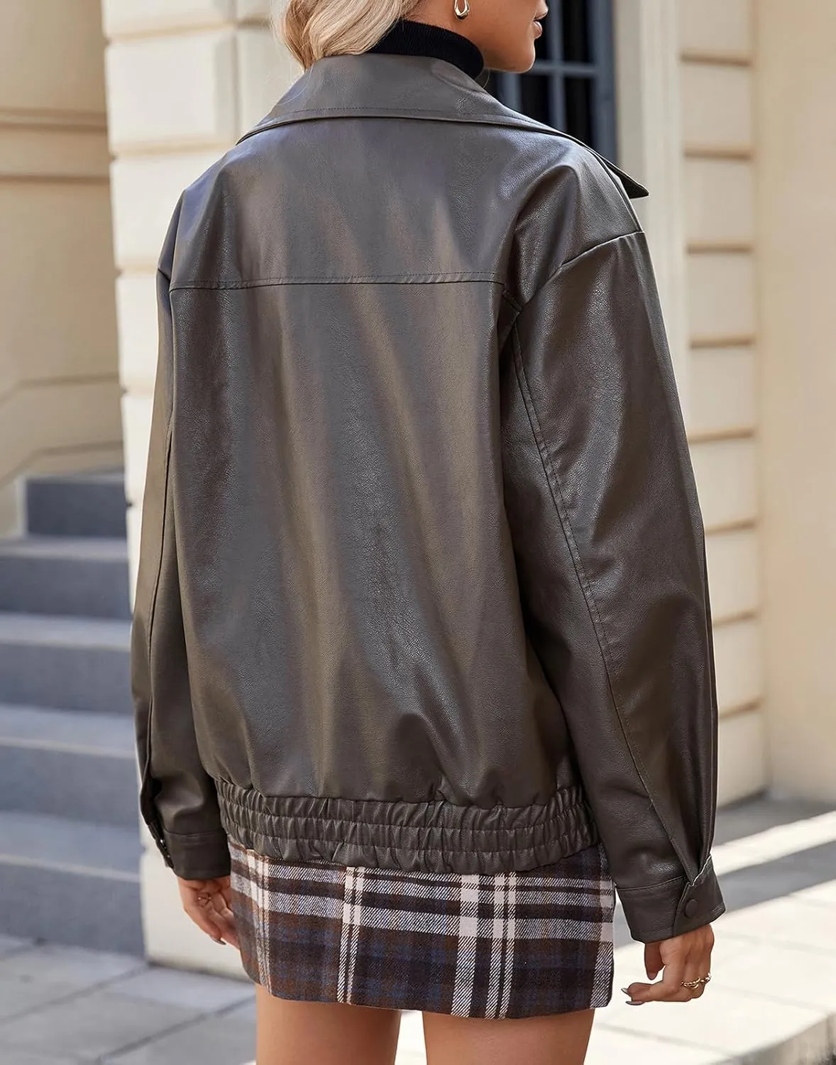 American Trends Leather Jacket Women Bomber Pleather Jacket Oversized Leather Blazer Biker Motorcycle Jacket