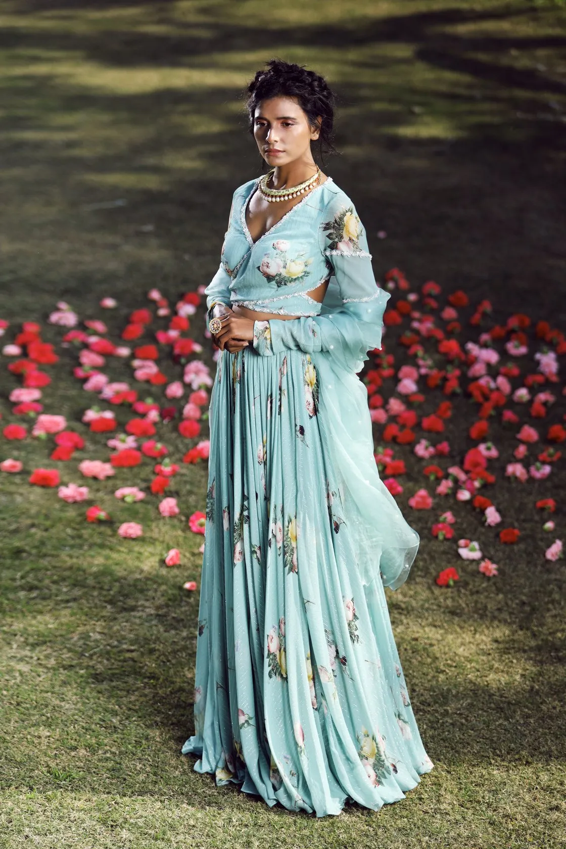 Aquamarineback-knot style lehenga set