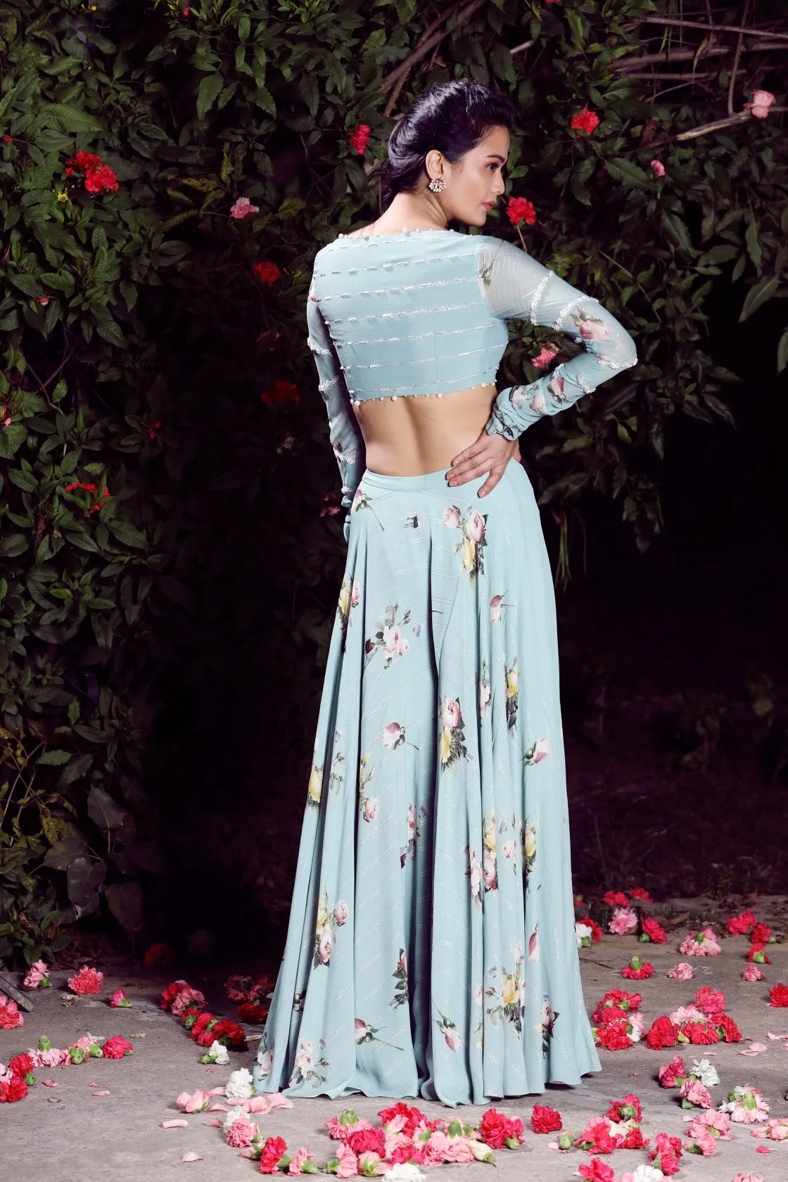 Aquamarinemoss crepe crop top lehenga set
