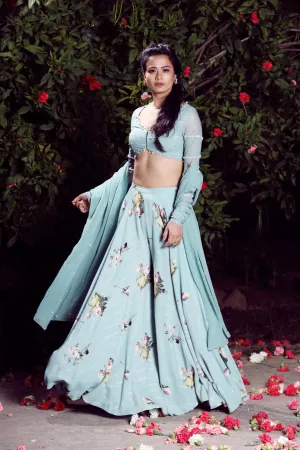 Aquamarinemoss crepe crop top lehenga set