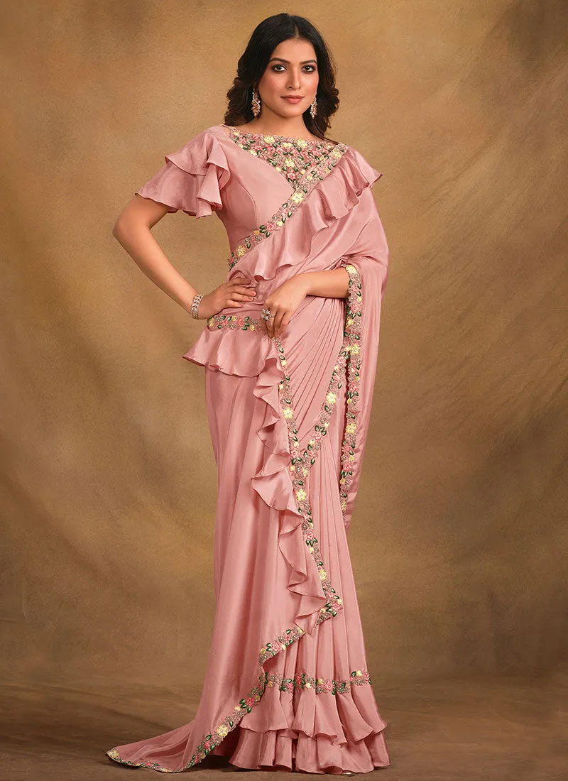 Baby Pink Multi Embroidery Traditional Festive Saree