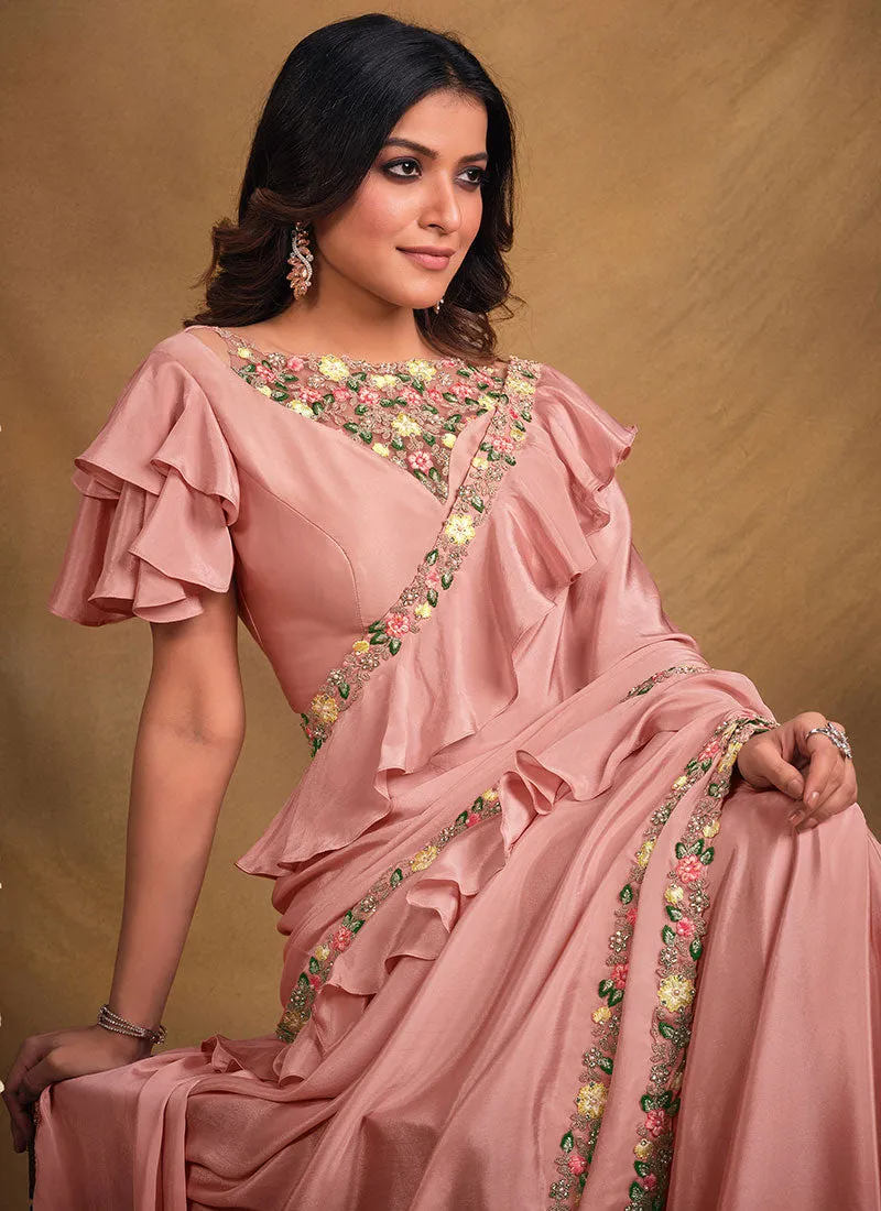 Baby Pink Multi Embroidery Traditional Festive Saree