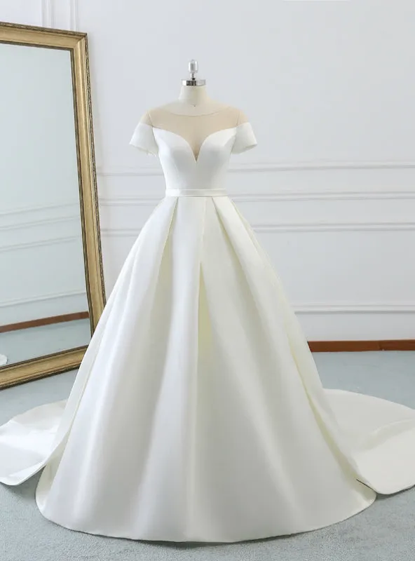 Ball Gown White Satin Scoop Neck Short Satin Wedding Dress