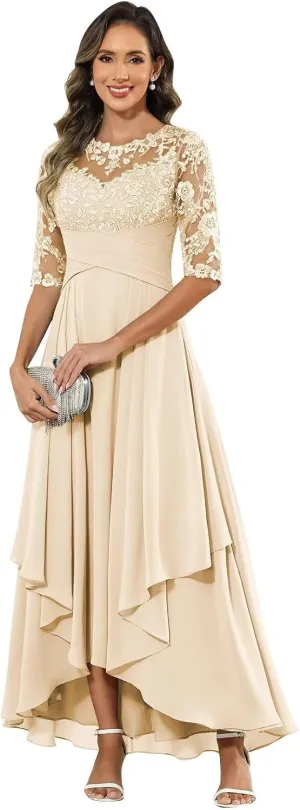 BANTRATIC Women's Ankle Length Mother of The Bride Dresses for Wedding Lace Appliques Crew Neck Tiered Formal Evening Gown