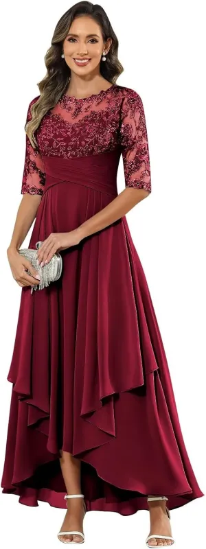 BANTRATIC Women's Ankle Length Mother of The Bride Dresses for Wedding Lace Appliques Crew Neck Tiered Formal Evening Gown