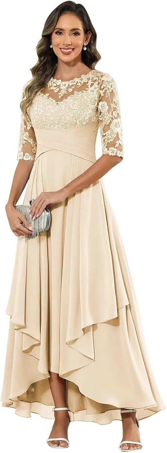 BANTRATIC Women's Ankle Length Mother of The Bride Dresses for Wedding Lace Appliques Crew Neck Tiered Formal Evening Gown