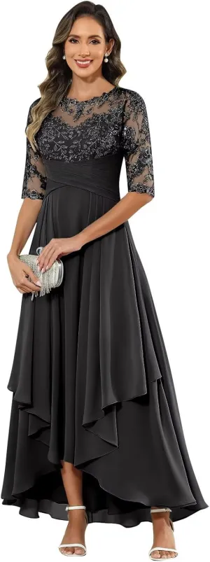 BANTRATIC Women's Ankle Length Mother of The Bride Dresses for Wedding Lace Appliques Crew Neck Tiered Formal Evening Gown