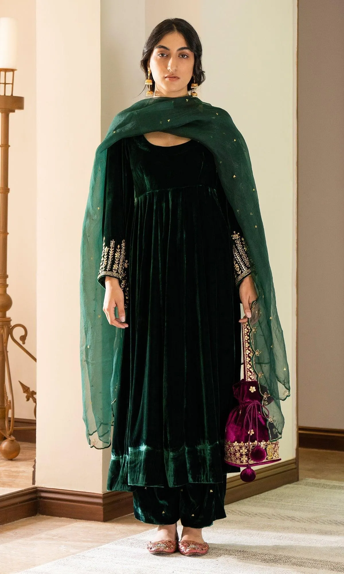 Bareen Embroidered  - Green Velvet Anarkali With Palazzo And Organza Dupatta - Set of 3 RTS