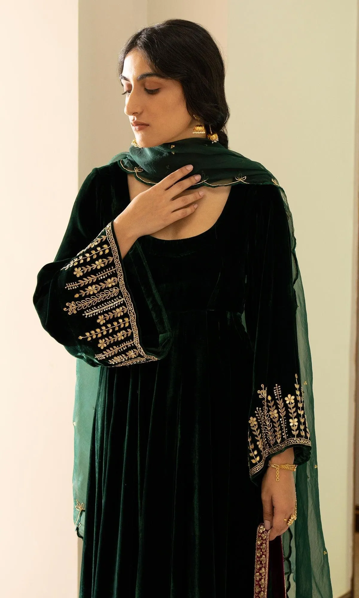 Bareen Embroidered  - Green Velvet Anarkali With Palazzo And Organza Dupatta - Set of 3 RTS