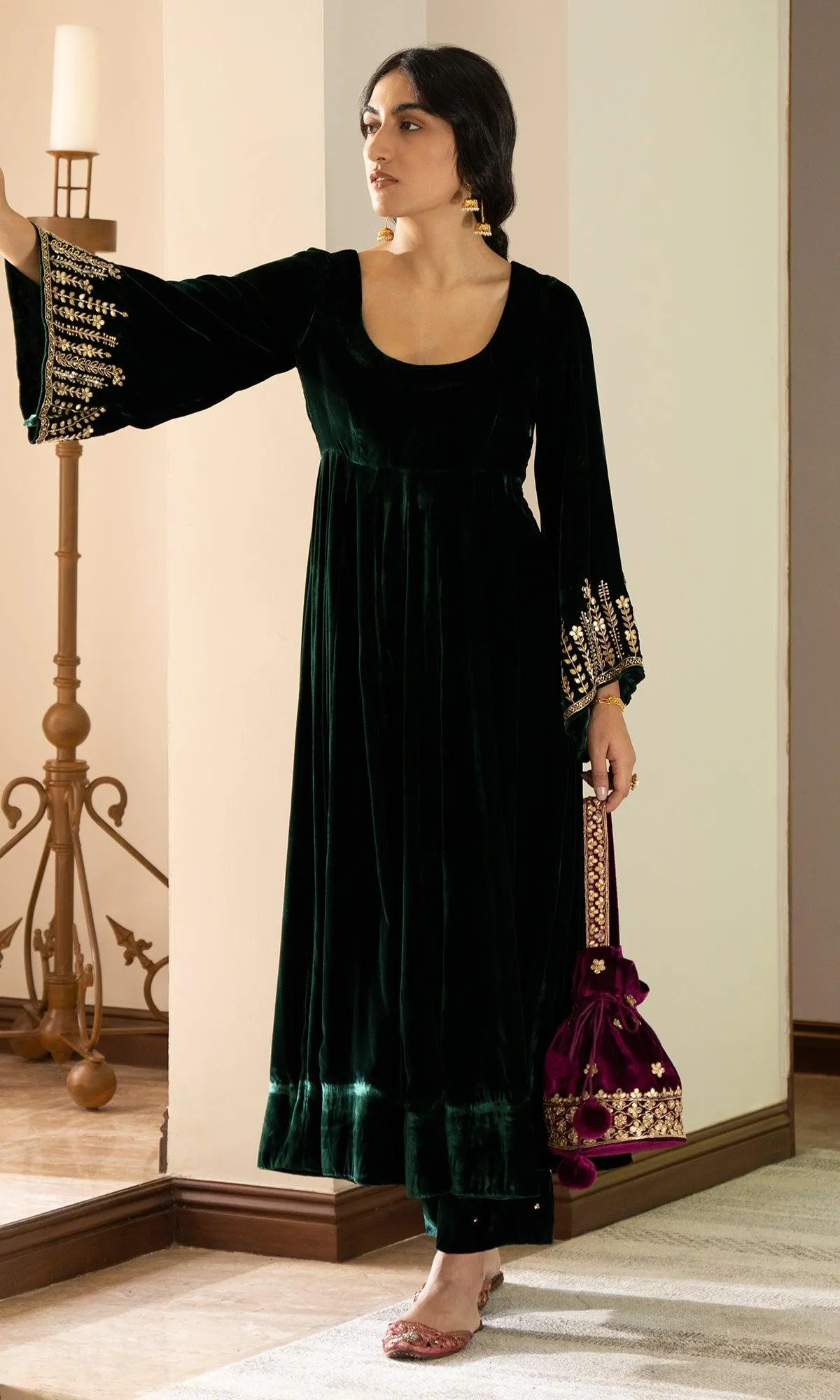Bareen Embroidered  - Green Velvet Anarkali With Palazzo And Organza Dupatta - Set of 3 RTS