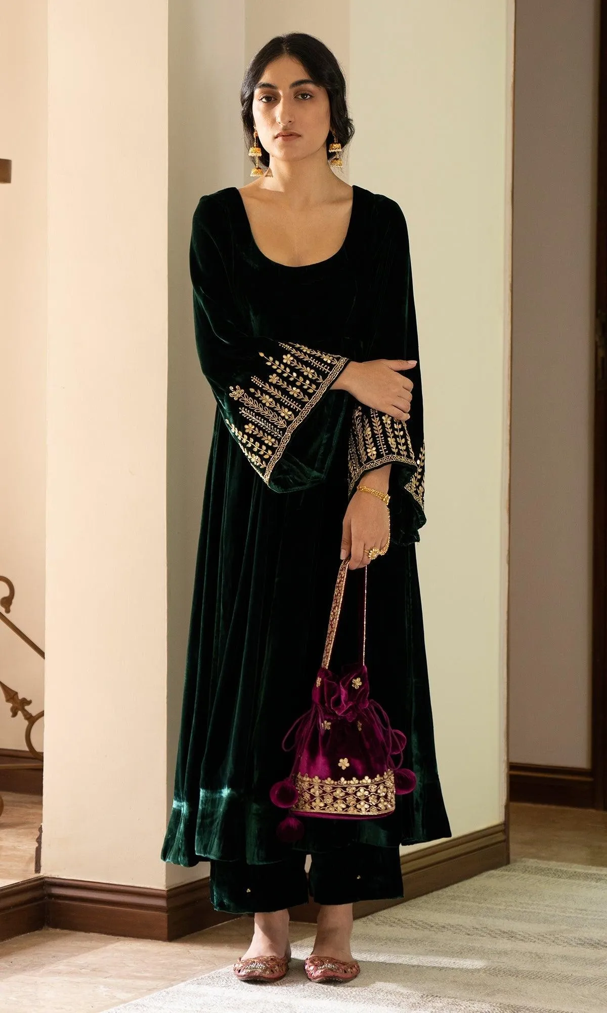 Bareen Embroidered  - Green Velvet Anarkali With Palazzo And Organza Dupatta - Set of 3 RTS