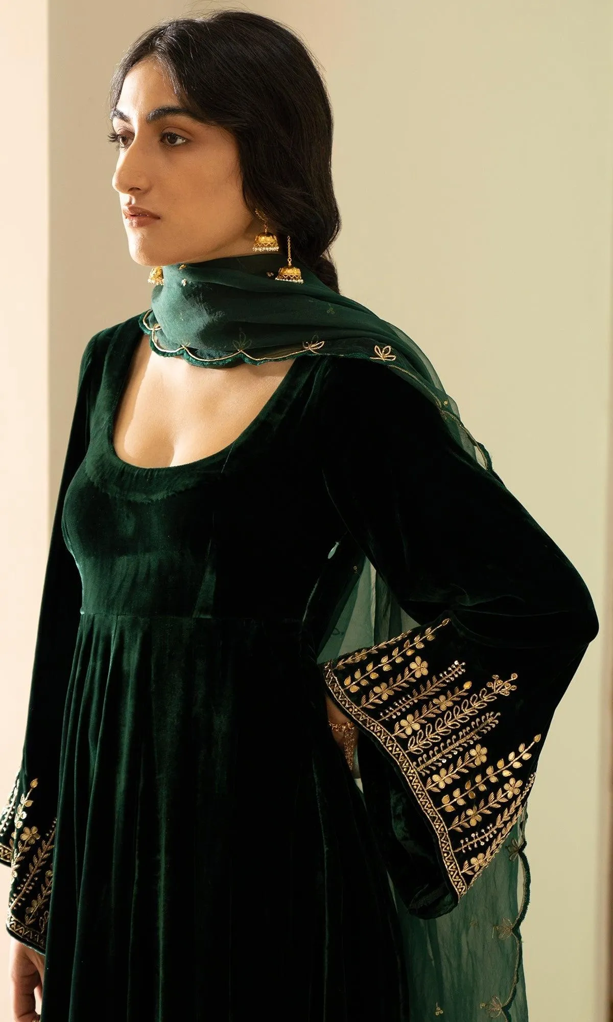 Bareen Embroidered  - Green Velvet Anarkali With Palazzo And Organza Dupatta - Set of 3 RTS