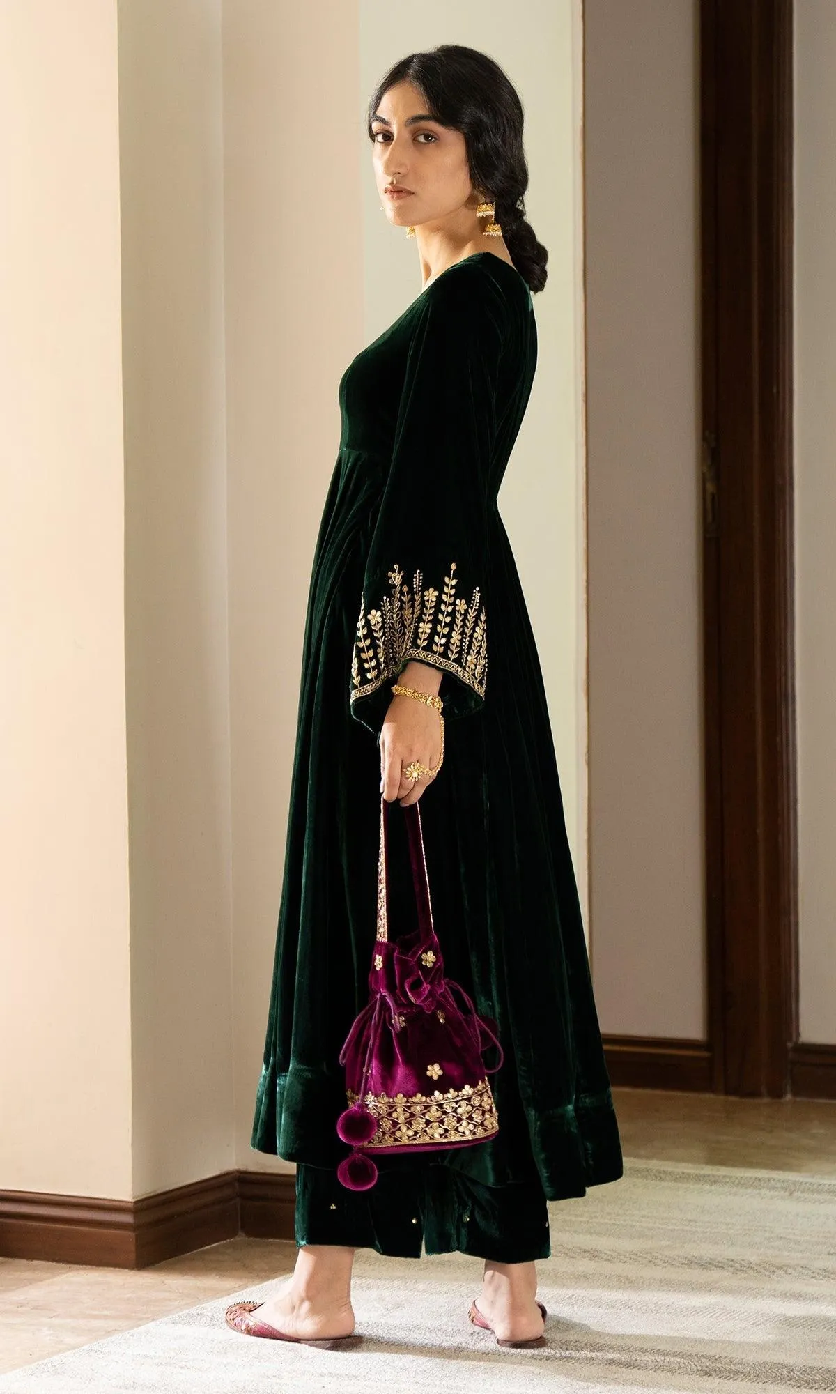 Bareen Embroidered  - Green Velvet Anarkali With Palazzo And Organza Dupatta - Set of 3 RTS
