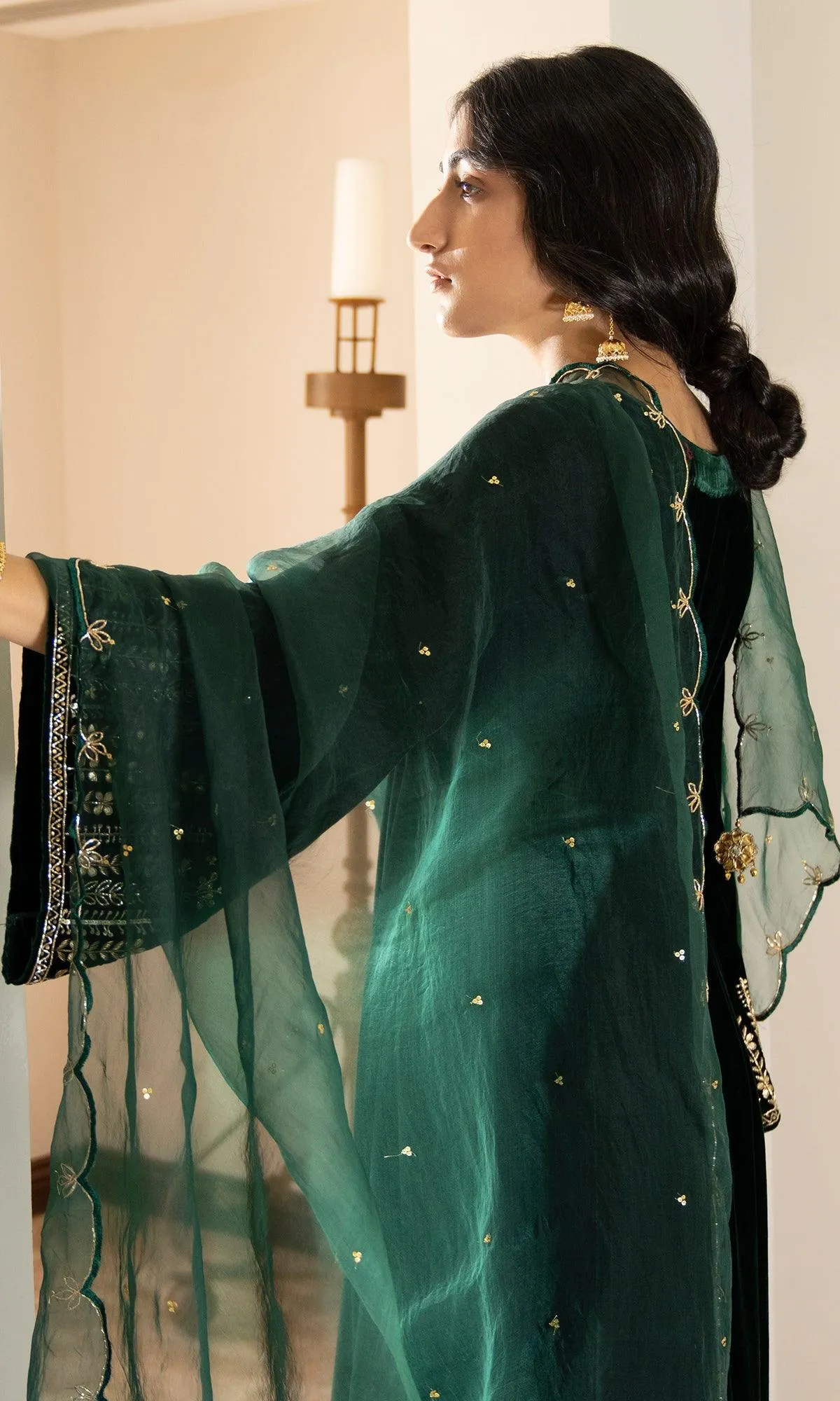 Bareen Embroidered  - Green Velvet Anarkali With Palazzo And Organza Dupatta - Set of 3 RTS