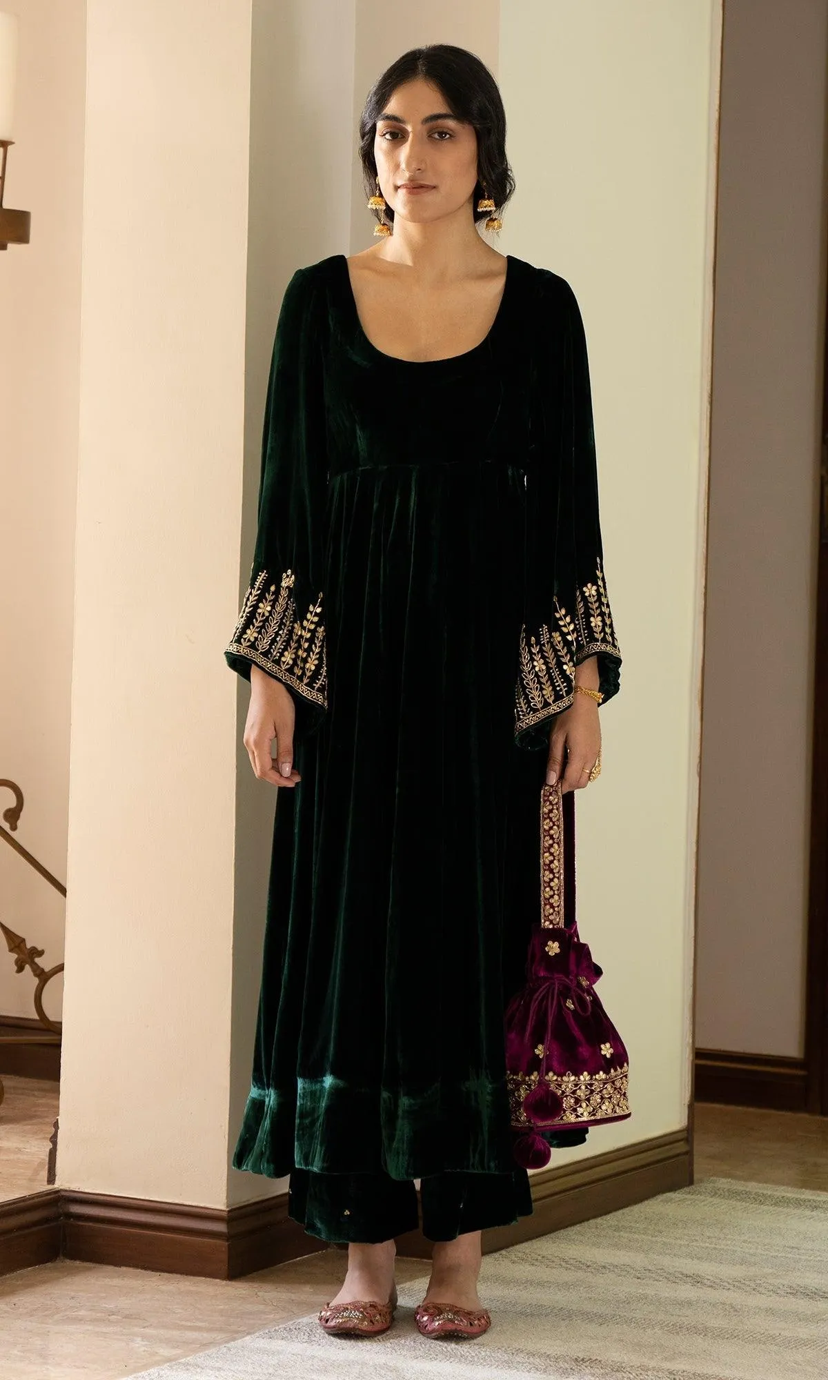 Bareen Embroidered  - Green Velvet Anarkali With Palazzo And Organza Dupatta - Set of 3 RTS